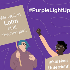 Caritas. Zeichnung von zwei Personen die Schilder halten: "Wir wollen Lohn statt Taschengeld" und "Inklusiver Unterricht"