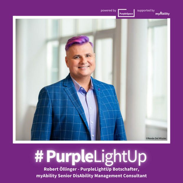 Robert Öllinger - PurpleLightUp Botschafter:in mit lila Haaren. Lila Hintergrund, #PurpleLightUp - powered by PurpleSpace, supported by myAbility