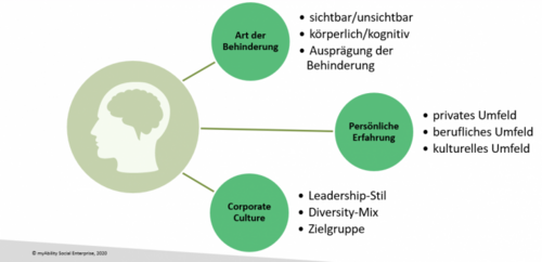 Chart showing the three main influencing factors: 1) type of disability (visible/invisible, cognitive/physical, expression); 2) personal experience (private, professional, cultural); 3) corporate culture (leadership, diversity mix, target group).